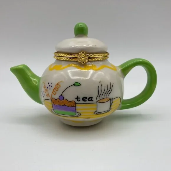 Miniature Porcelain Hinged Teapot Trinket, Pill, Jewelry Holder - Picture 1 of 7